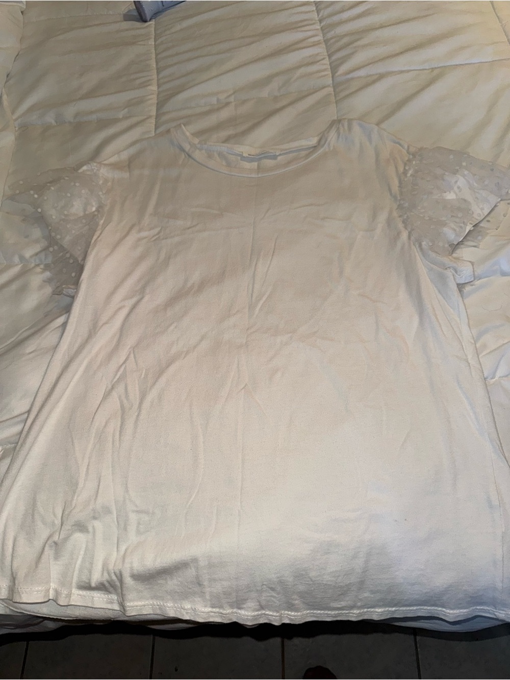 Women's White Short-Sleeve Top with Sheer Polka Dot Ruffle Sleeves